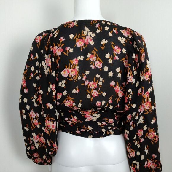 A.L.C. Carla Floral Print Wrap Top Size 2 Black Pink 100% Silk Crepe Blouse - Picture 11 of 15